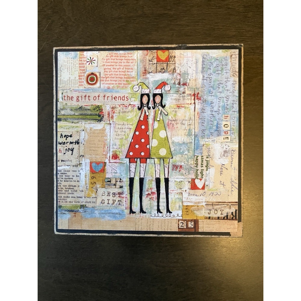 Vintage Girl Designs Christmas Wood Block Art "Gift of Friends" Handmade Decor